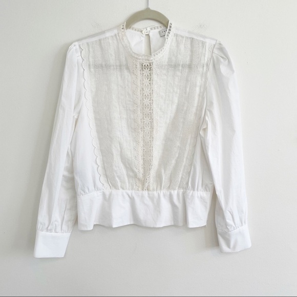 SANDRO white long sleeve cut out crochet blouse mock neck scallop floral keyhole - Picture 1 of 9